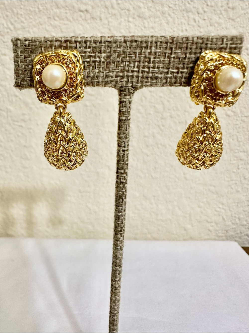 Vintage Gold Pearl Drop Earrings - Clips